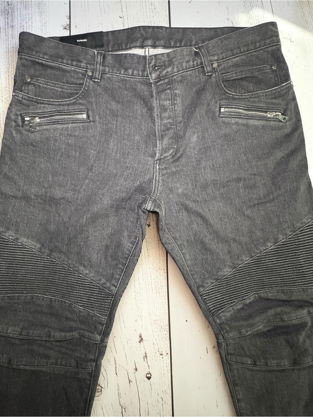 BALMAIN PARIS Men’s Biker Ribbed Gray/Black Distressed Tapered Jeans Size 38x32